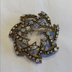 Vintage mid century brooch gold & AB rhinestones